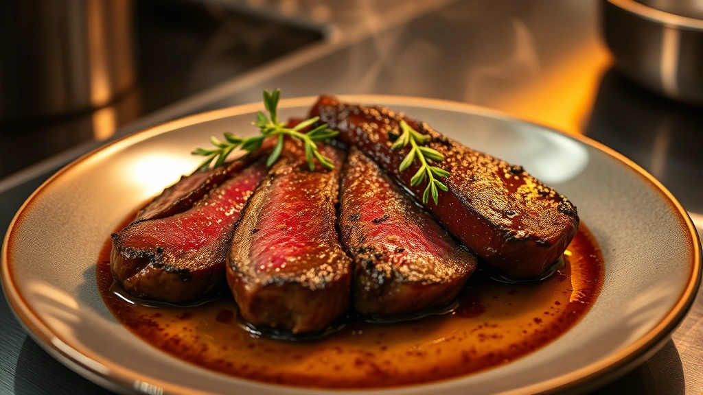 Cooked medium-rare beef steak on modern ceramic plate with herb garnish, warm kitchen lighting, steam visible, professional culinary presentation, minimalist plating style