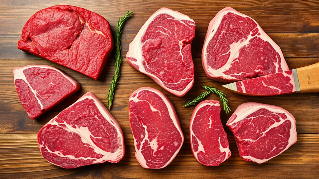 Overhead flat lay of various beef steak cuts arranged on wooden surface, including sirloin, ribeye, and tenderloin, natural daylight, food styling photography, no text visible