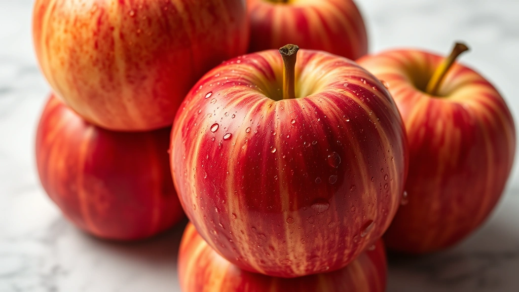 Close-up of fresh gala apples with water droplets, vibrant red-orange striped pattern visible, stacked naturally on white marble surface, studio lighting, photorealistic, professional food photography style
