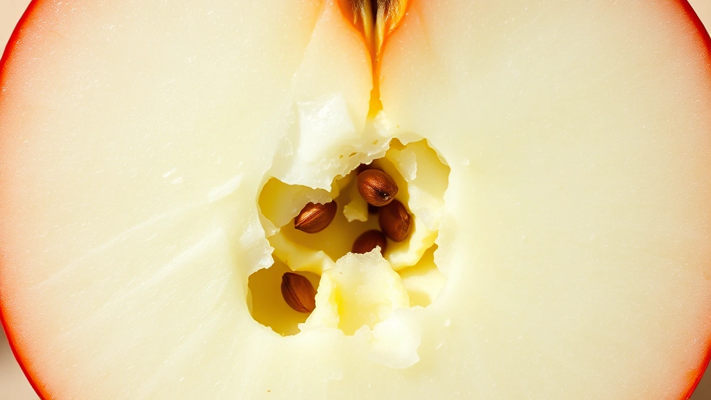 Cross-section of gala apple showing internal flesh and seeds, bright white interior contrasting with red skin, natural lighting emphasizing texture and freshness, no text visible