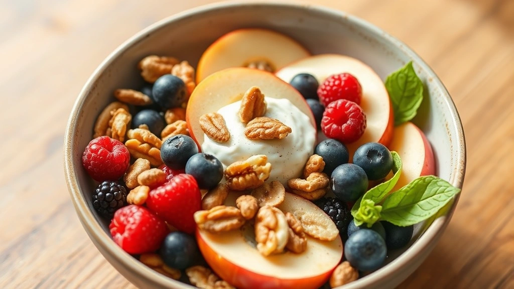 Healthy nutrition bowl containing sliced gala apples with nuts, berries, and yogurt, colorful composition showing balanced meal preparation, natural daylight, lifestyle nutrition photography