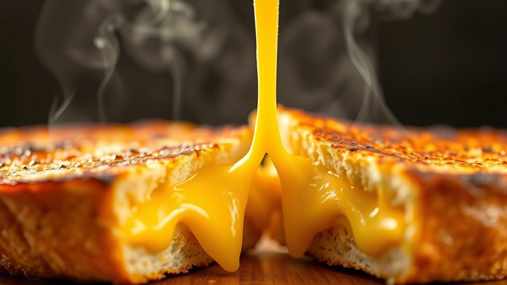 Close-up of melted golden cheese stretching between two crispy bread slices with butter-toasted exterior, steam rising, warm lighting, food photography style, shallow depth of field focusing on cheese pull