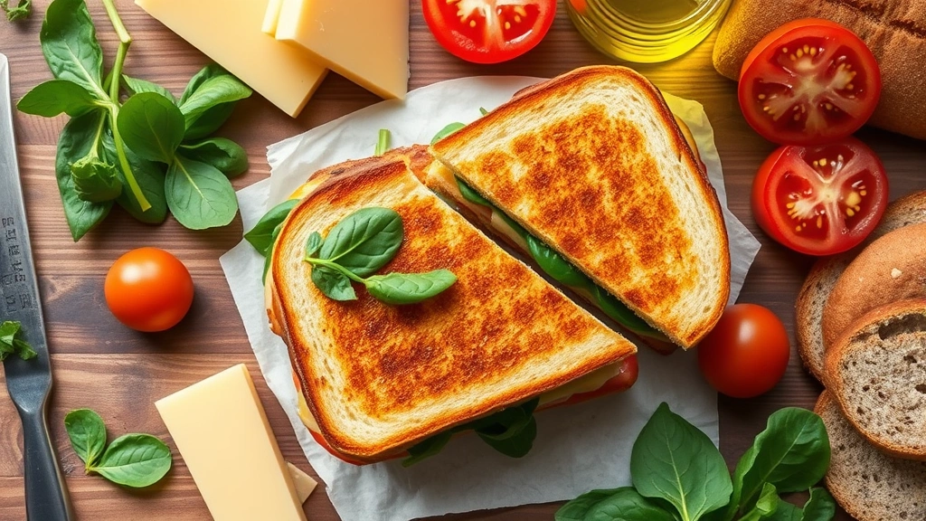 Overhead flat lay arrangement of grilled cheese sandwich cut diagonally showing cross-section, surrounded by fresh spinach, tomato slices, cheese wheels, whole grain bread, and olive oil bottle on wooden surface, natural lighting