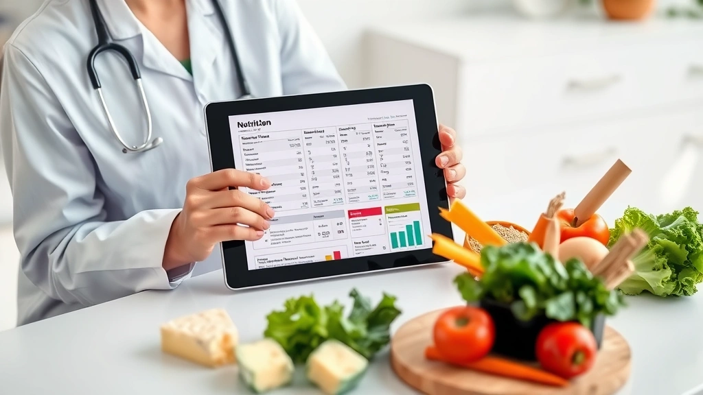 Dietitian or nutritionist reviewing nutritional information charts and food labels at modern desk with tablet showing nutrition data, healthy food items visible including cheese, whole grains, vegetables, professional healthcare setting