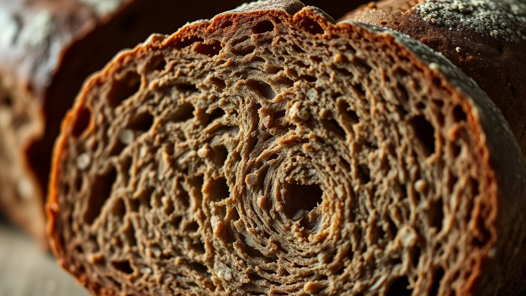 Close-up of freshly sliced dense rye bread loaf showing dark brown crumb structure with visible grain particles, natural lighting emphasizing texture and whole grain composition, photorealistic bakery-style presentation