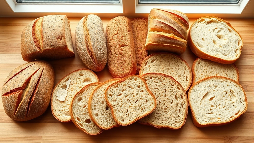 Flat lay arrangement of various bread types including rye, whole wheat, and white bread slices arranged for nutritional comparison, warm natural window lighting, professional food photography style
