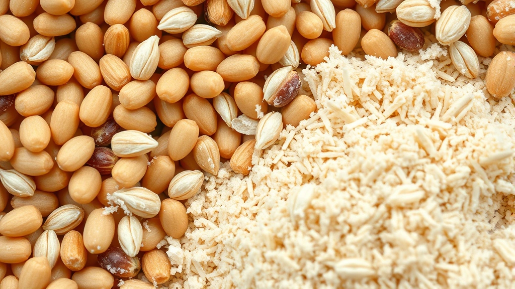 Microscopic or close-up view of rye grain kernels and flour particles, showing texture and density differences compared to wheat grains, educational botanical photography, natural warm tones