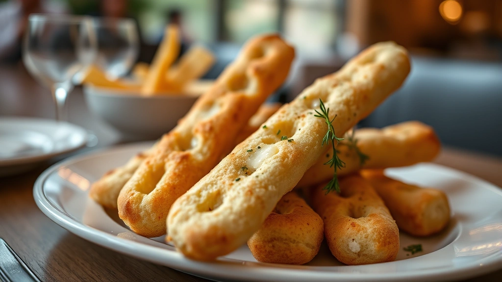 Photorealistic close-up of warm, buttery breadsticks on white plate with herb garnish, soft natural lighting, restaurant table setting in blurred background, food photography style