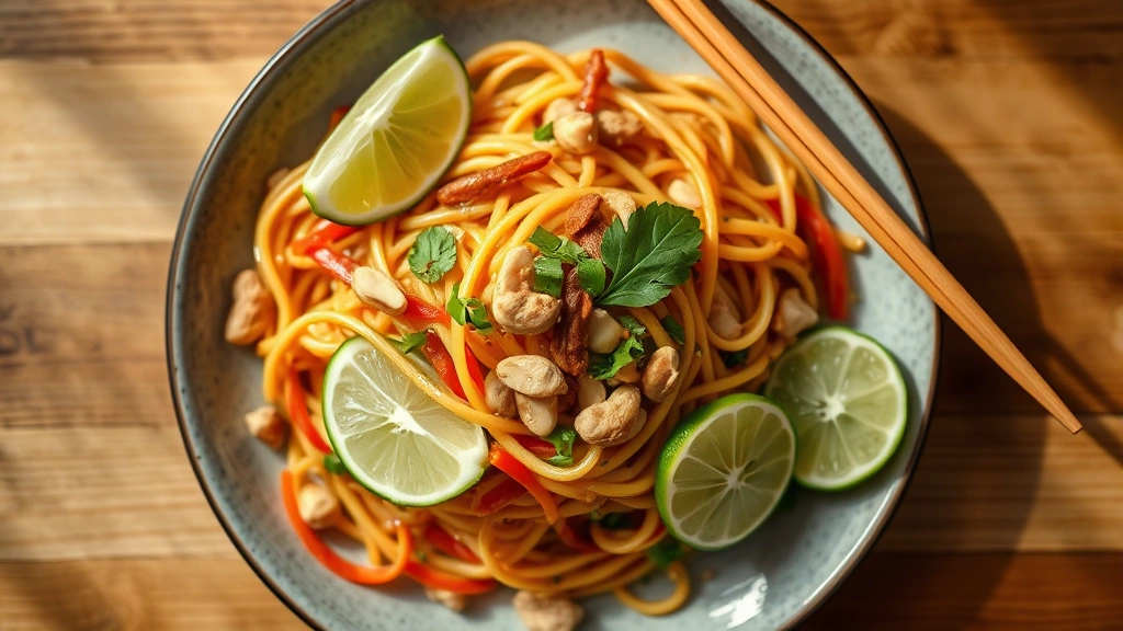 overhead view of vibrant pad thai noodles with fresh lime wedges and peanuts arranged on a modern plate, natural lighting, shallow depth of field