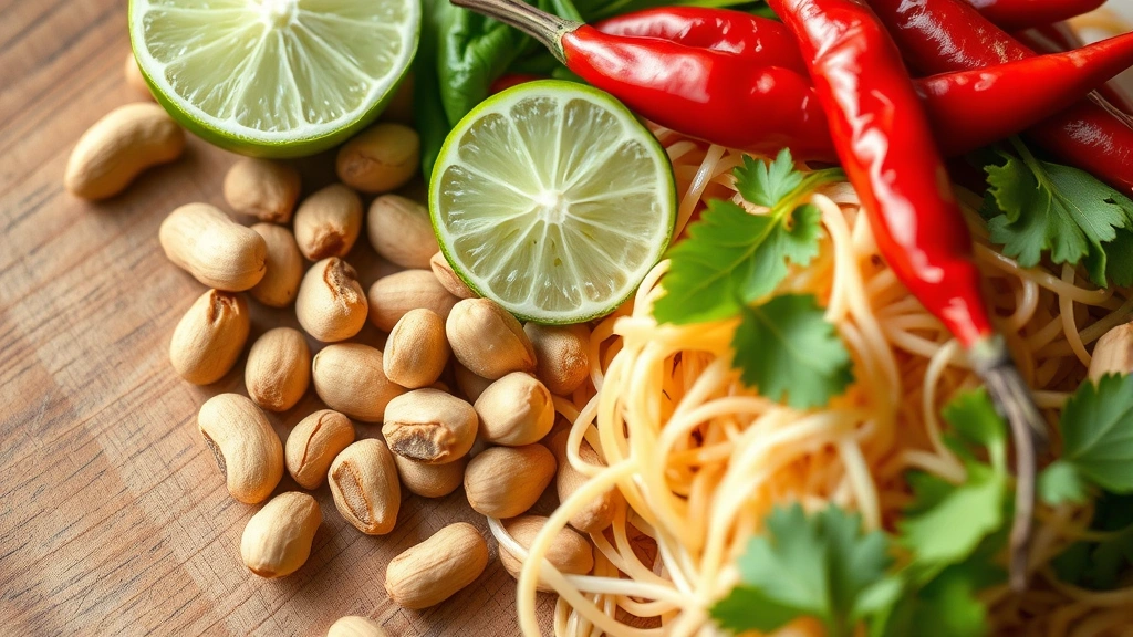 close-up of fresh pad thai ingredients including lime, peanuts, red chilies, and bean sprouts arranged on a wooden surface, warm natural lighting