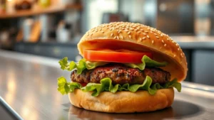 Professional food photography of flame-grilled burger patty with sesame seeds, crispy lettuce, ripe tomato slice, and golden bun on modern restaurant stainless steel counter with soft natural lighting