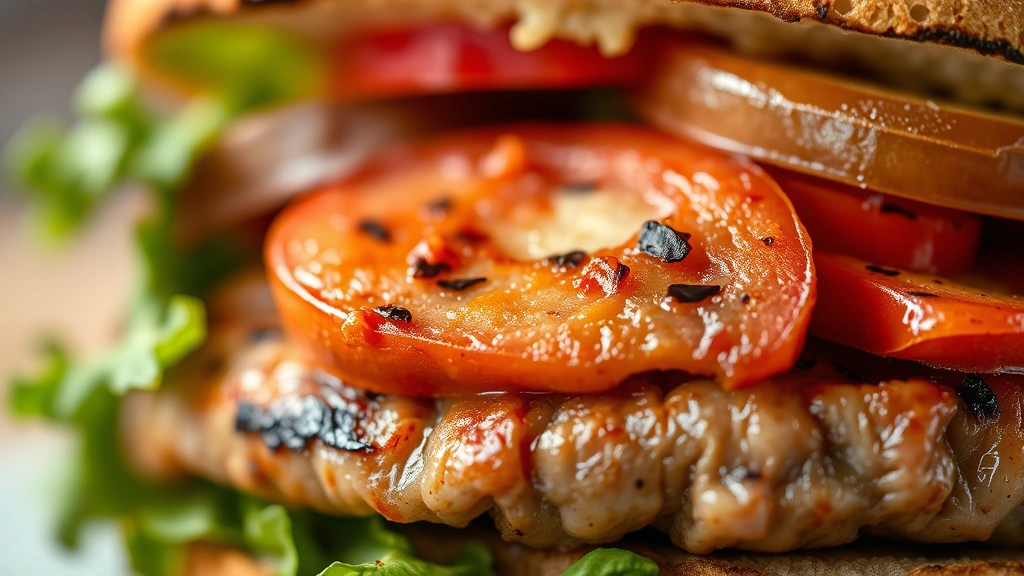 Close-up macro photography of burger ingredients showing texture detail: caramelized meat surface, fresh vegetable cross-sections, and toasted bun layers with shallow depth of field