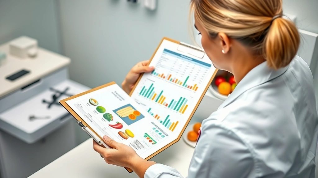 Registered dietitian nutritionist in clinical setting reviewing nutrition analysis charts on clipboard with healthy meal components and food models visible on desk, professional healthcare environment