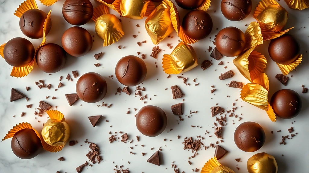Overhead flat lay of premium chocolate truffles with golden wrappers scattered on marble surface, warm lighting, shallow depth of field, luxury food photography style