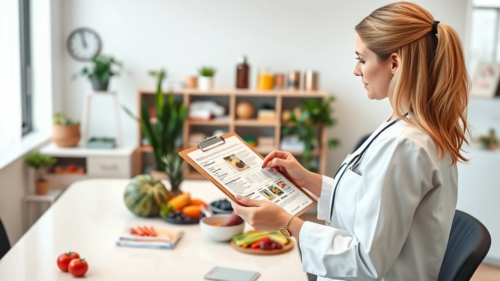 Nutritionist holding clipboard reviewing food labels in modern clinic office with healthy foods visible on desk, professional healthcare setting, natural daylight