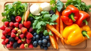 Colorful array of fresh fruits and vegetables arranged on a wooden cutting board, including berries, leafy greens, carrots, and bell peppers with natural sunlight highlighting textures, photorealistic style