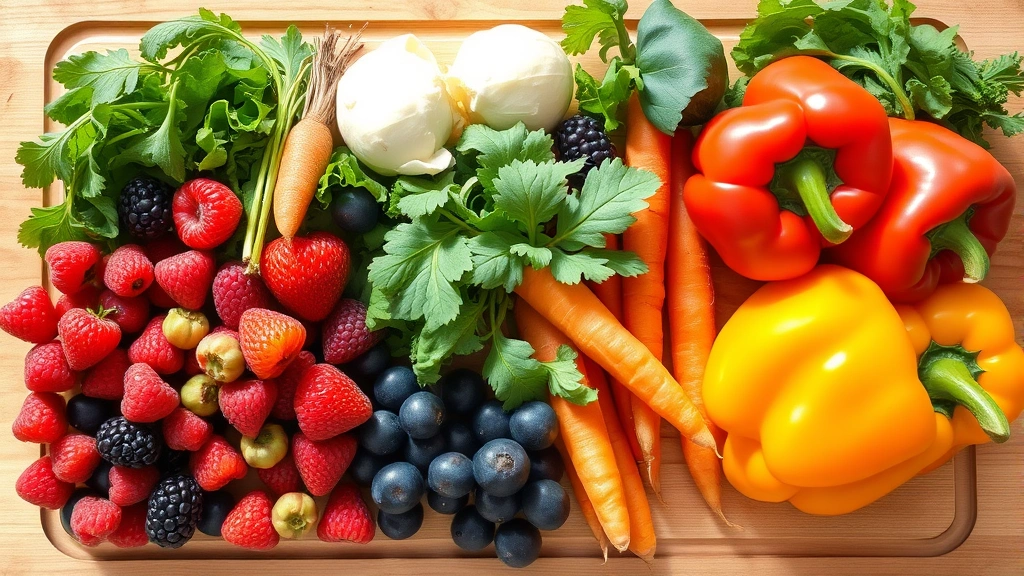 Colorful array of fresh fruits and vegetables arranged on a wooden cutting board, including berries, leafy greens, carrots, and bell peppers with natural sunlight highlighting textures, photorealistic style