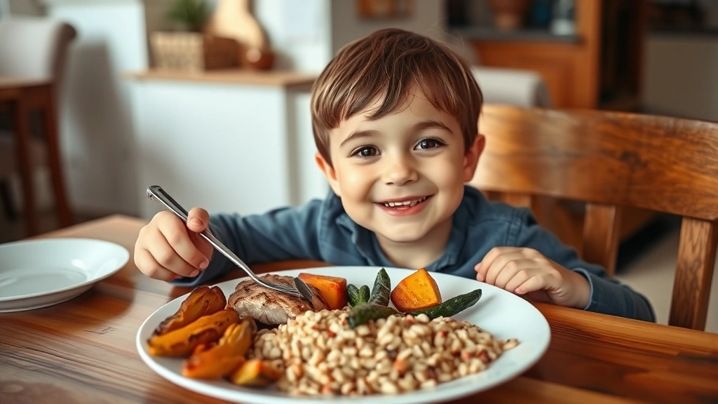 Young child happily eating a balanced meal at a wooden table with a plate containing lean protein, whole grains, and roasted vegetables, warm home lighting, candid family moment