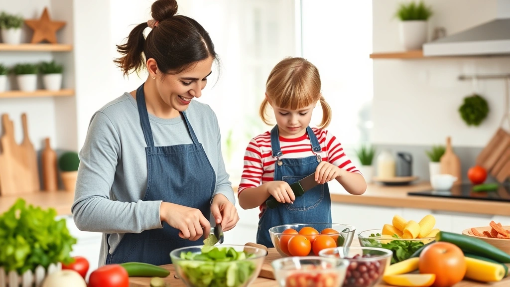 Parent and child together preparing food in a bright kitchen, chopping vegetables and mixing ingredients in bowls, emphasizing hands-on learning and bonding during meal preparation