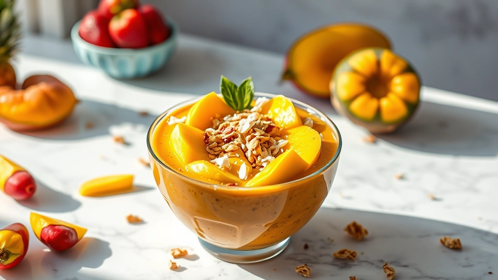 Vibrant tropical smoothie bowl topped with fresh mango slices, coconut flakes, and granola, displayed on bright white marble counter with tropical fruits scattered around, natural morning sunlight illuminating the scene, professional food photography style, no text or labels visible