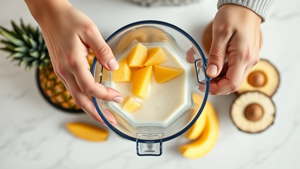 Close-up overhead shot of hands blending fresh pineapple, mango, and coconut milk in a stainless steel blender, tropical fruits arranged artfully nearby, bright kitchen setting with natural light, showing the blending process in motion, no screen interfaces or text elements