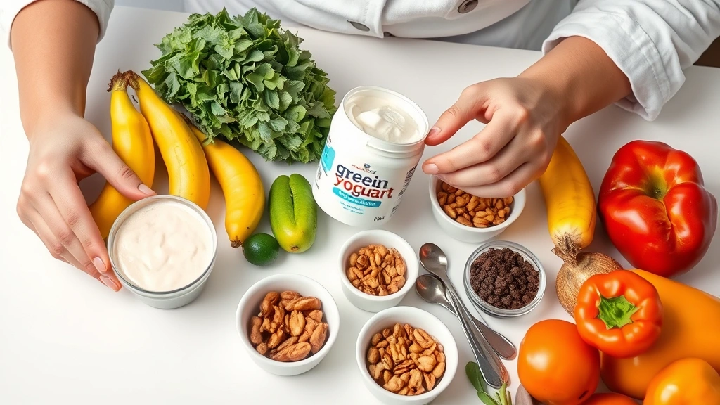 Nutritionist reviewing smoothie ingredients laid out on clean white surface: Greek yogurt container, fresh tropical fruits, protein powder jar, nuts in small bowls, measuring spoons, and vegetables, organized composition suggesting meal preparation, professional clinical lighting, no visible labels or text on containers