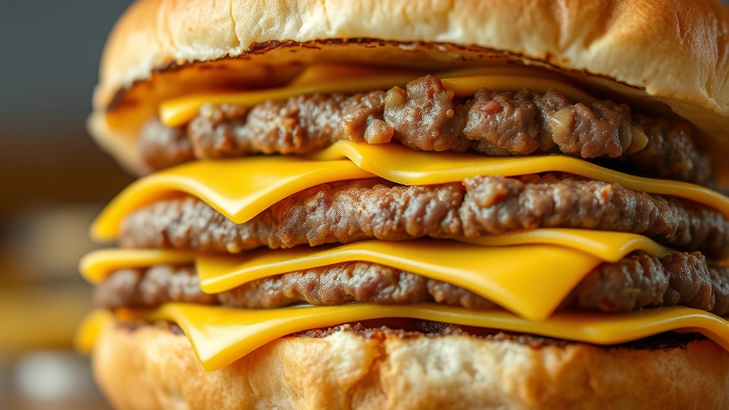 Close-up of a McDouble burger cross-section showing beef patties, cheese layers, and bun texture in professional food photography lighting, no visible text or branding
