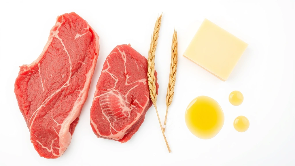 Flat lay arrangement of nutritional components: raw beef, cheese slice, wheat bun, salt crystals, and oil droplets on a clean white surface representing macronutrients