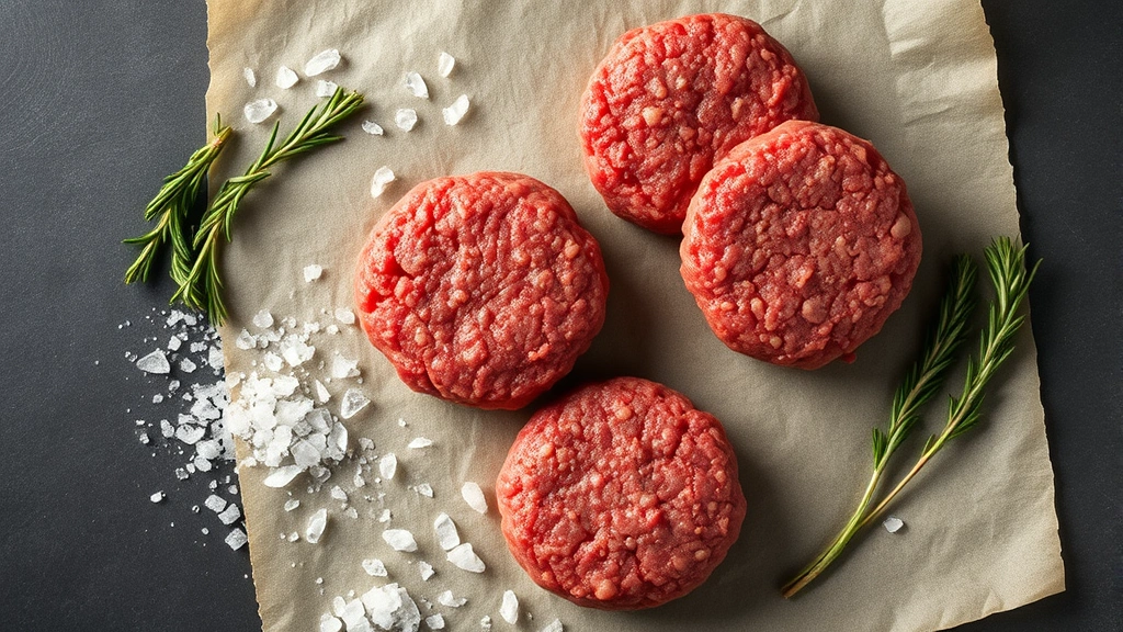 Close-up overhead view of three raw ground beef burger patties on parchment paper with fresh rosemary and sea salt crystals scattered nearby, natural lighting, professional food photography style, no text or labels visible