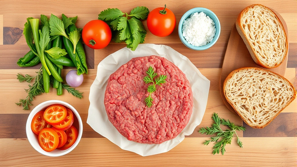 Vibrant flat-lay composition of burger patty ingredients and accompaniments including raw ground beef, fresh vegetables, whole grain bread, and herbs arranged artistically on wooden surface, natural daylight, clean minimalist styling, no packaging or text