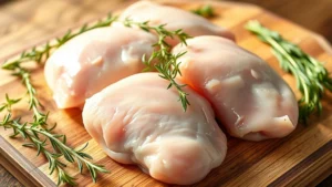Close-up of raw boneless skinless chicken thighs on a wooden cutting board with fresh herbs including rosemary and thyme scattered around, natural morning light streaming across, photorealistic food photography