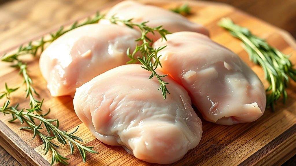 Close-up of raw boneless skinless chicken thighs on a wooden cutting board with fresh herbs including rosemary and thyme scattered around, natural morning light streaming across, photorealistic food photography