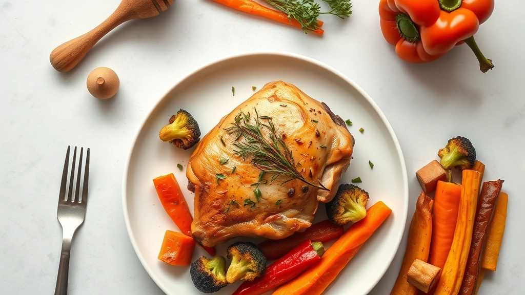 Overhead flat lay composition showing cooked chicken thigh on white plate with colorful roasted vegetables including broccoli, carrots, and bell peppers, minimalist kitchen setting with soft natural lighting