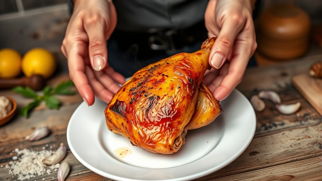 Hands holding a perfectly cooked golden-brown chicken thigh over a modern white ceramic plate, steam rising, rustic kitchen counter background with fresh lemon and garlic cloves visible, warm ambient lighting