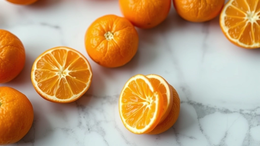 Close-up of fresh mandarin oranges with peeled segments on white marble surface, natural lighting emphasizing juicy texture and vibrant orange color, no text or labels visible, professional food photography style
