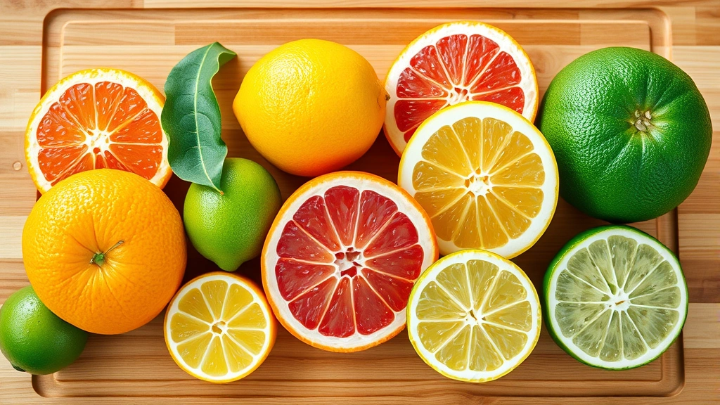Colorful arrangement of various citrus fruits including oranges, lemons, limes, and grapefruits on wooden cutting board with water droplets, bright natural daylight, clean modern food styling, no packaging or text