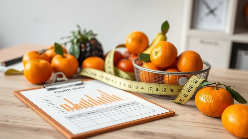 Nutritionist workspace showing fresh fruits, measuring tape, clipboard with health data, and Cutie mandarin oranges on desk, warm professional lighting, focused on wellness and dietary planning context, no visible screens or text
