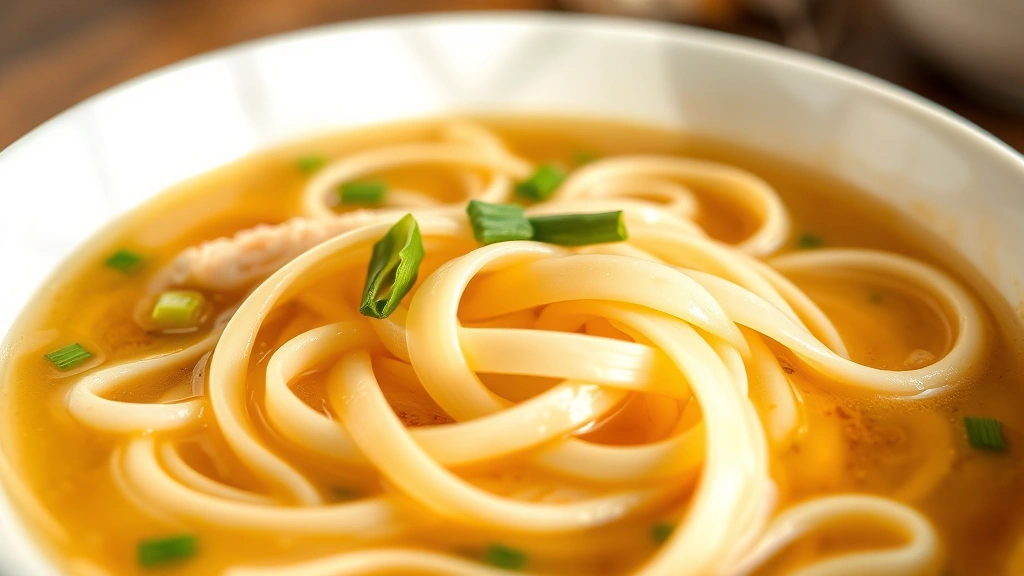 Close-up of silky egg ribbons swirling through clear chicken broth in a white ceramic bowl, steam rising, garnished with fresh scallions, professional food photography with warm lighting, shallow depth of field