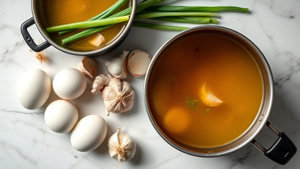 Overhead flat-lay composition showing raw eggs, fresh ginger, garlic cloves, and scallions arranged artfully on a marble counter beside a pot of simmering broth, natural daylight, culinary styling