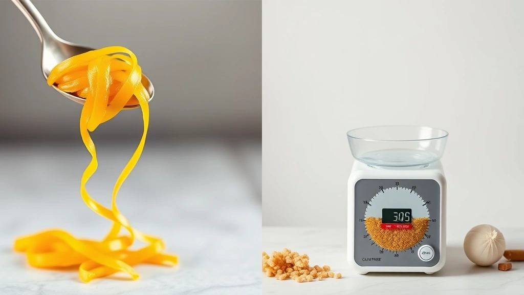 Split-screen comparison: left side shows a spoon holding golden egg ribbons from homemade broth, right side displays a modern kitchen scale measuring ingredients, clean minimalist composition with neutral background