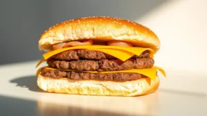 Close-up of a McDouble burger cross-section showing beef patties, cheese, and bun layers on a clean white surface with soft natural lighting, no text visible