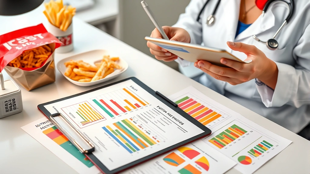 Nutritionist at desk with clipboard analyzing fast food nutritional data, colorful charts and nutritional information visible on papers, professional healthcare setting