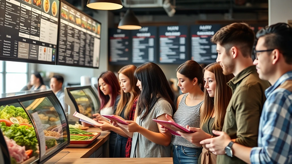 Diverse group of people at restaurant counter examining menu boards and making conscious food choices, fresh ingredients visible in background, modern casual dining environment