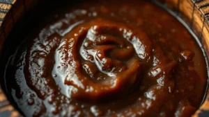 Close-up of aged miso paste in traditional wooden fermentation barrel showing rich brown color, texture details, and natural wood grain, warm atmospheric lighting emphasizing fermentation process
