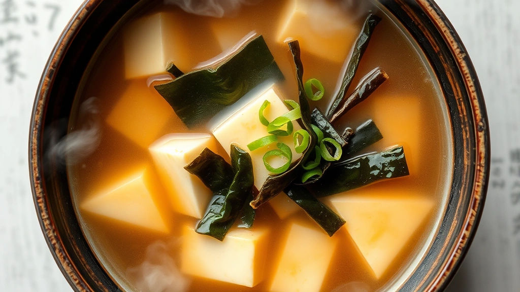 Overhead view of steaming miso soup bowl with visible tofu cubes, wakame seaweed strips, green onion garnish, and clear broth, professional food photography with natural daylight