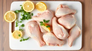 Overhead flat lay of fresh raw chicken wings on a white cutting board with herbs and lemon wedges, natural lighting, professional food photography style