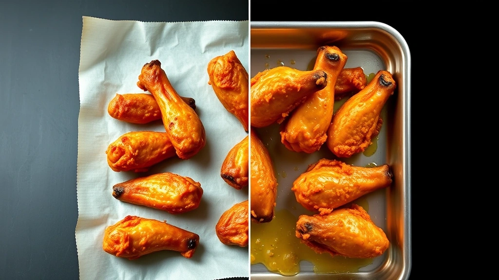 Split-screen comparison showing baked golden chicken wings on parchment paper versus deep-fried wings in oil, studio lighting highlighting texture differences