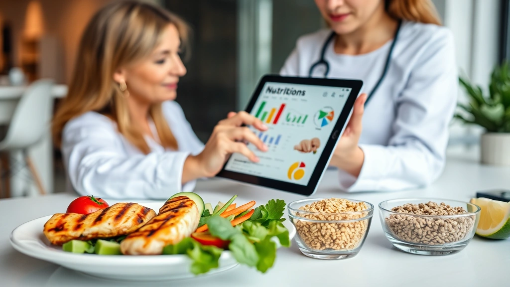 Nutritionist or dietitian analyzing nutritional information on tablet screen with healthy meal components (grilled chicken, vegetables, whole grains) arranged on desk beside them, modern office setting