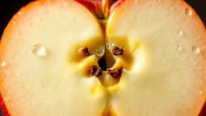 Close-up of honeycrisp apple cross-section showing crisp white flesh and reddish skin, water droplets on surface, natural lighting highlighting texture and juiciness, macro photography style