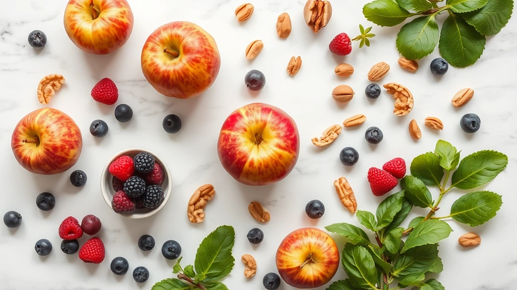 Overhead flat lay composition of fresh honeycrisp apples with scattered polyphenol-rich foods like berries, nuts, and leafy greens on white marble surface, natural daylight, nutritional abundance concept